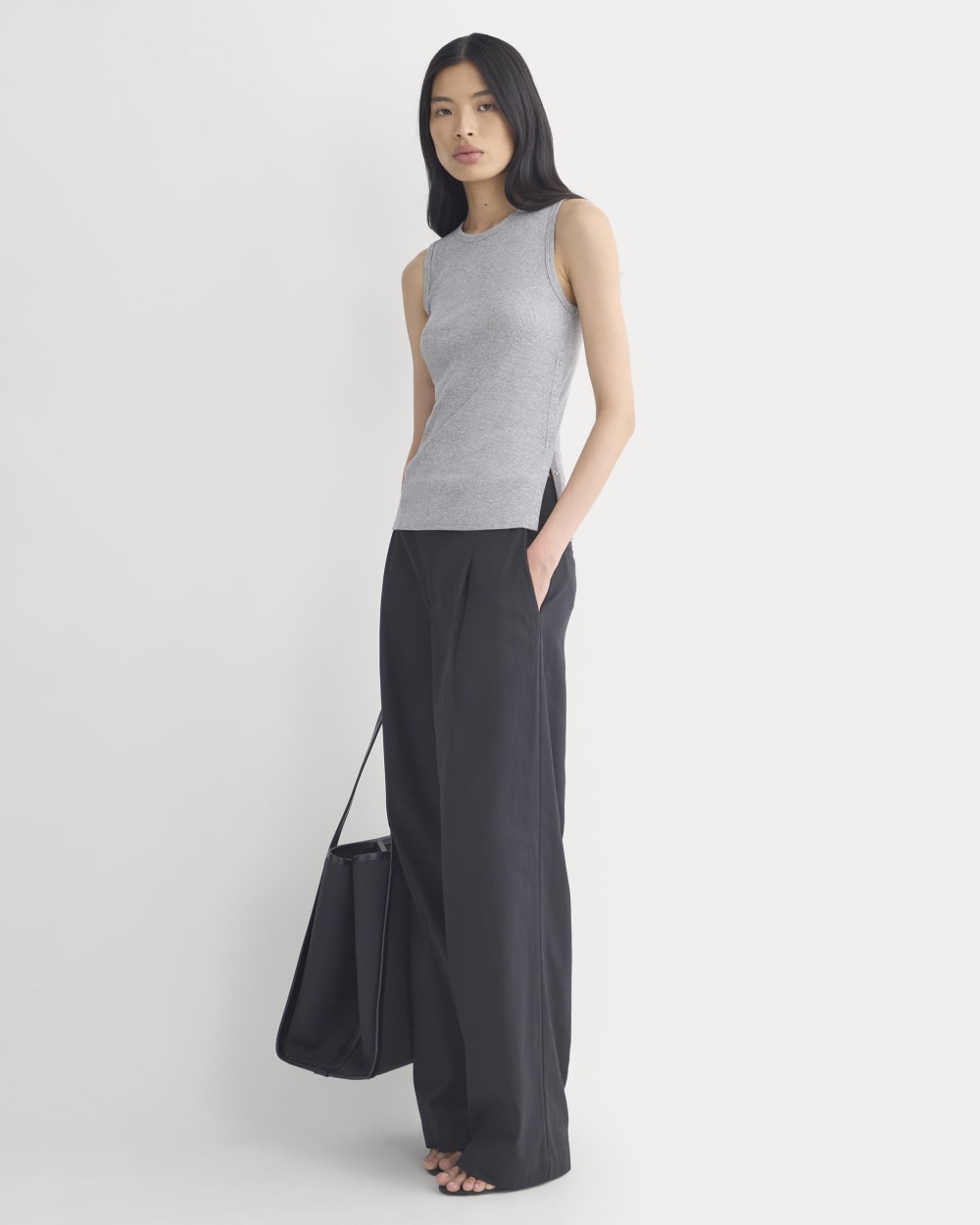 Luxe Rib Side Snap Tank in Heathered Light Grey — detail view