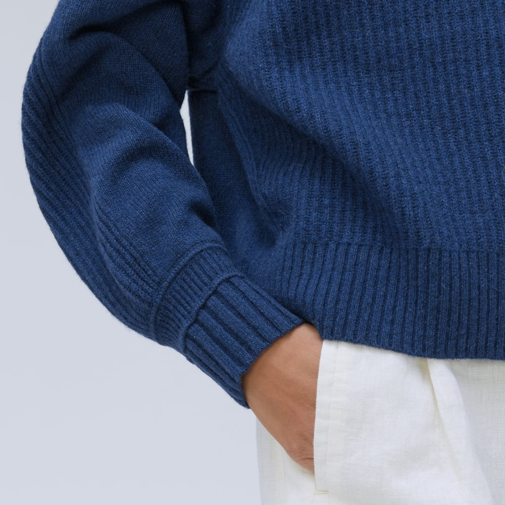The Cashmere Ribbed Turtleneck in Bright Navy — detail view