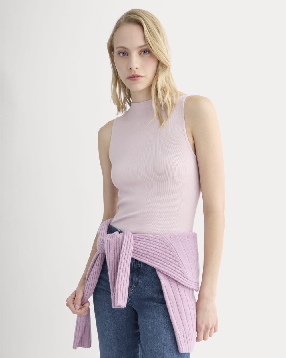 The Luxe Rib Funnel-Neck Tank in Burnished Lilac — detail view