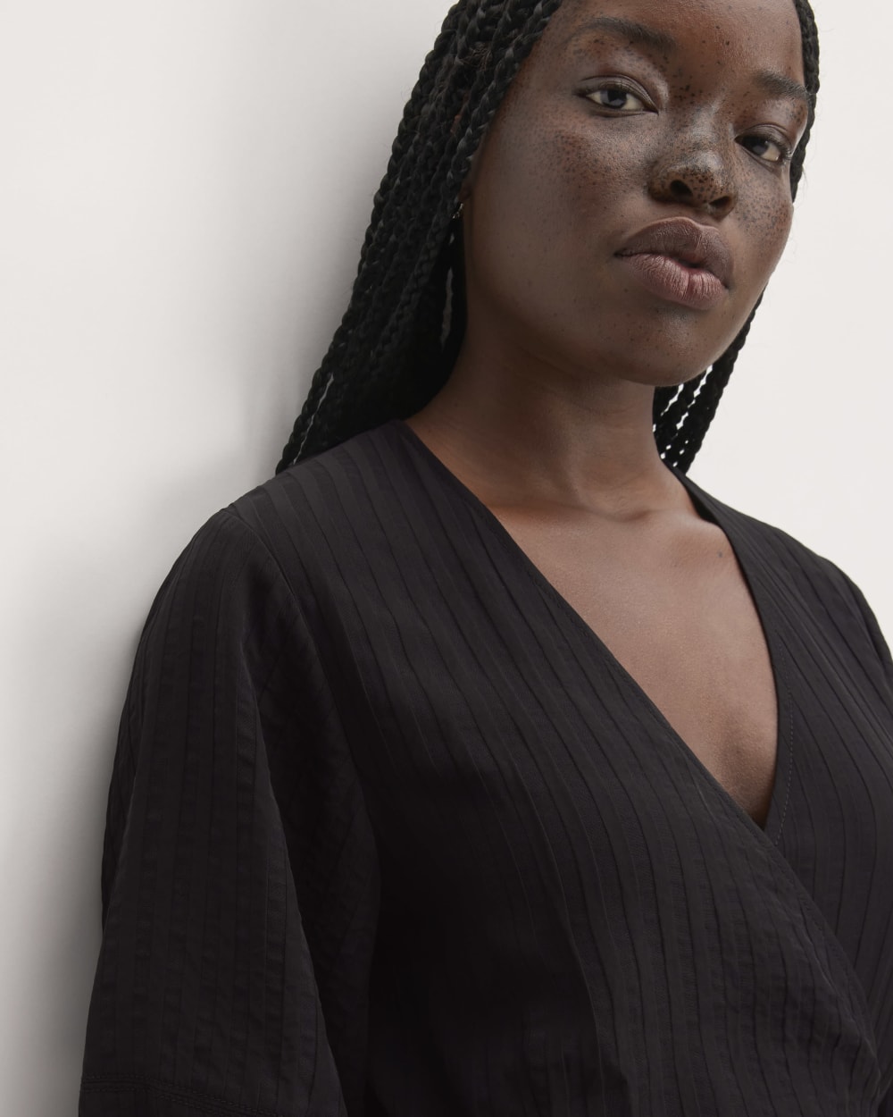 The City Stripe Wrap Dress in Black — detail view