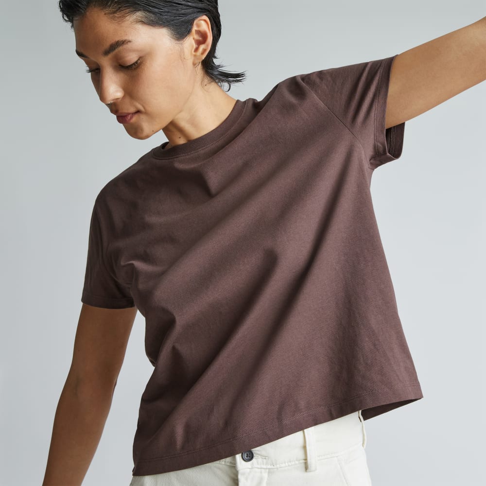 The Box-Cut Tee in Essential Cotton in Chocolate Brown — detail view
