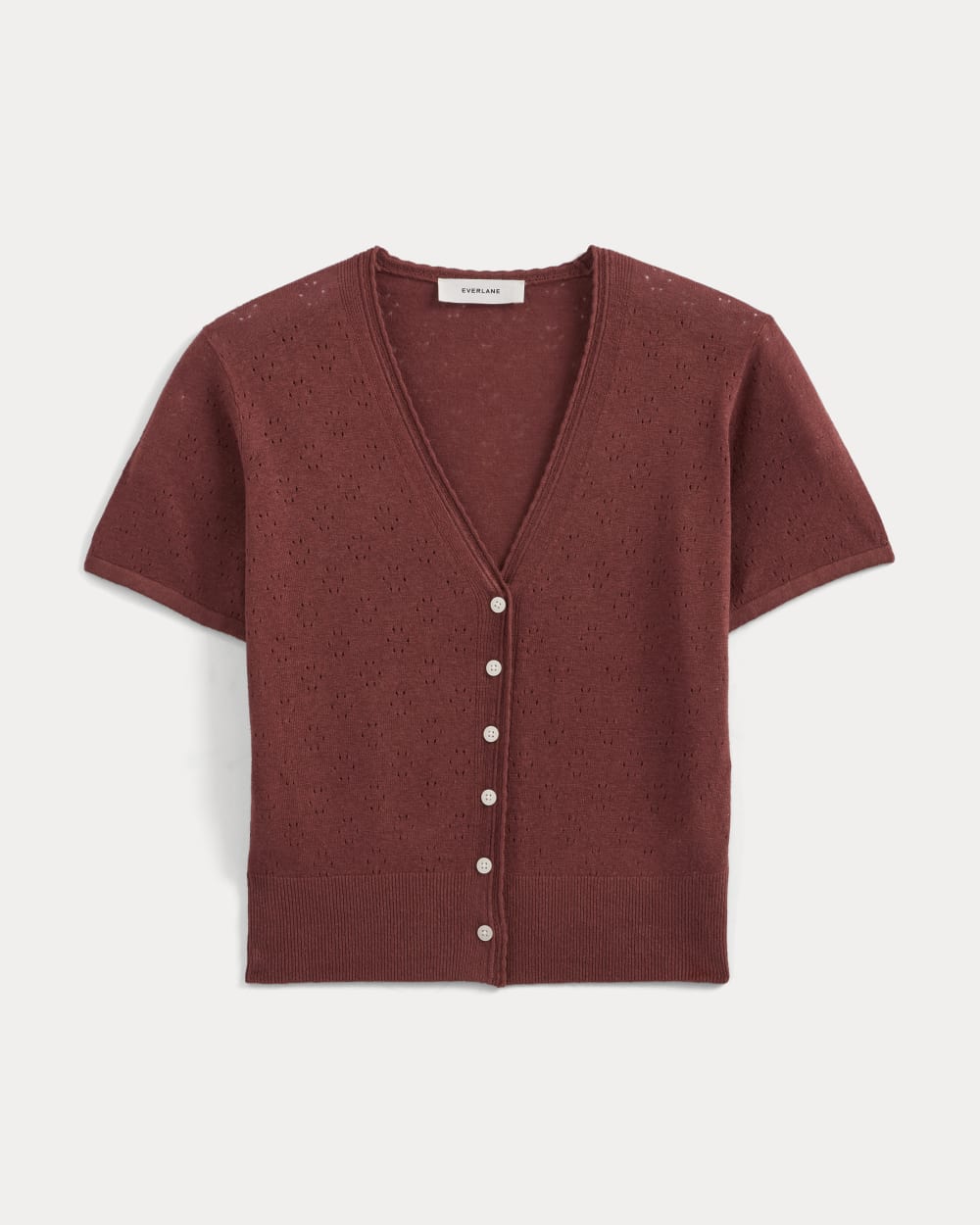 Lace Trim Cardigan in Fine Linen in Henna Red — alternate view