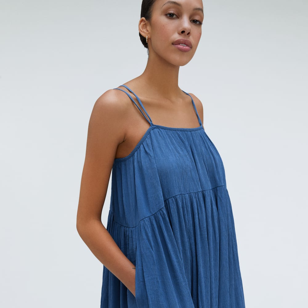 The Naia™ Ripple Tiered Maxi Dress in Deep Blue — detail view