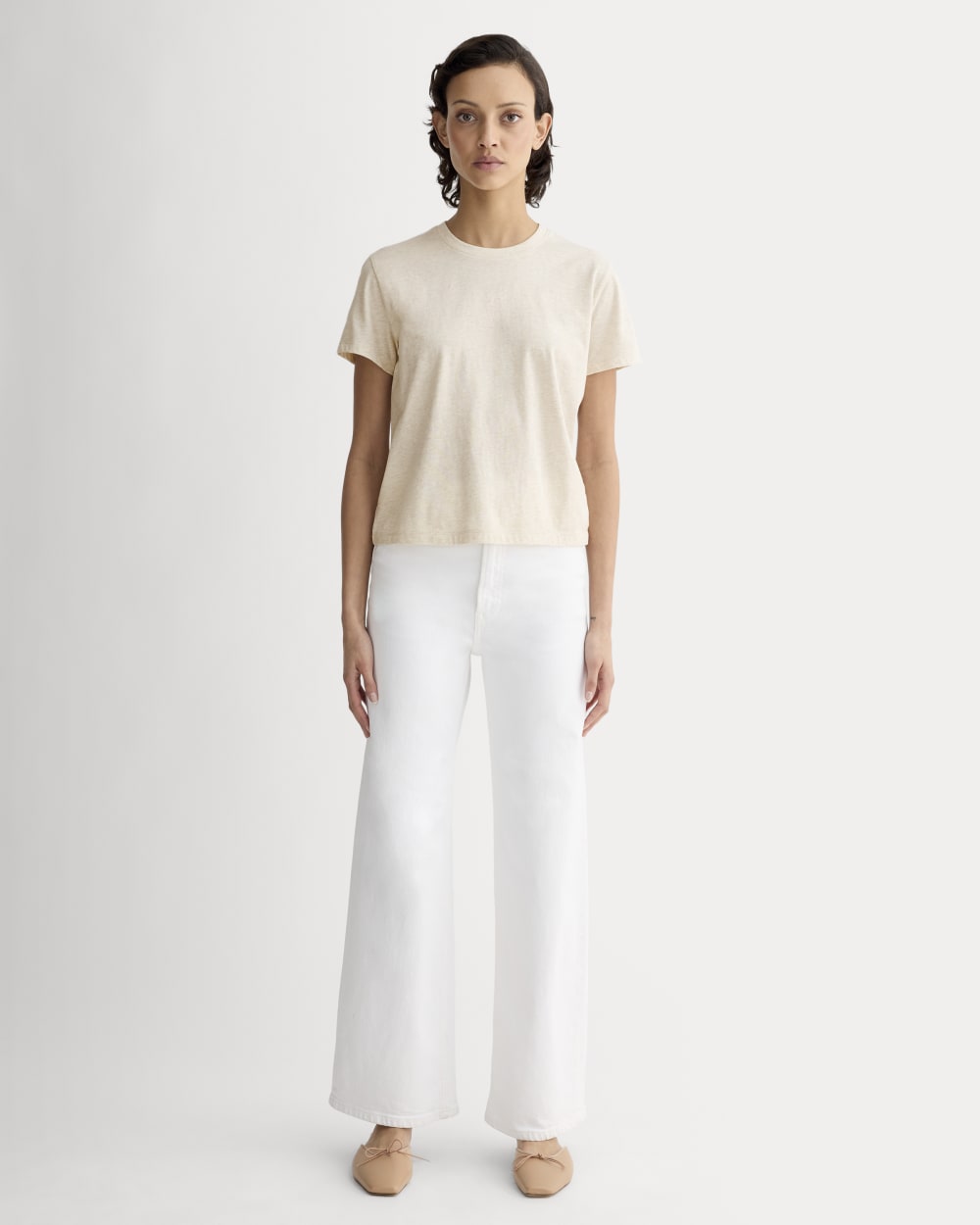 The Box-Cut Tee in Essential Cotton in Heathered Oat — detail view