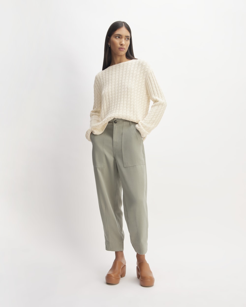 The Cotton Merino Cable Crew in Canvas — detail view
