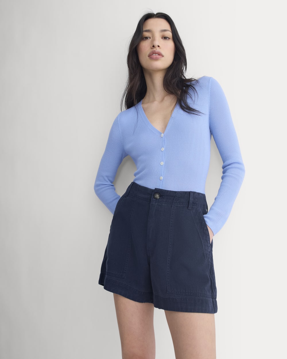 The Utility Short in Buttersoft in Navy — front view