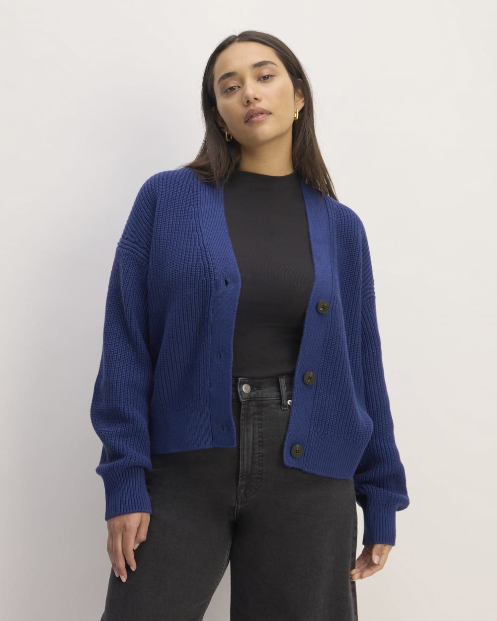The Boxy Cardigan in Everyday Cotton in Bellwether Blue — front view