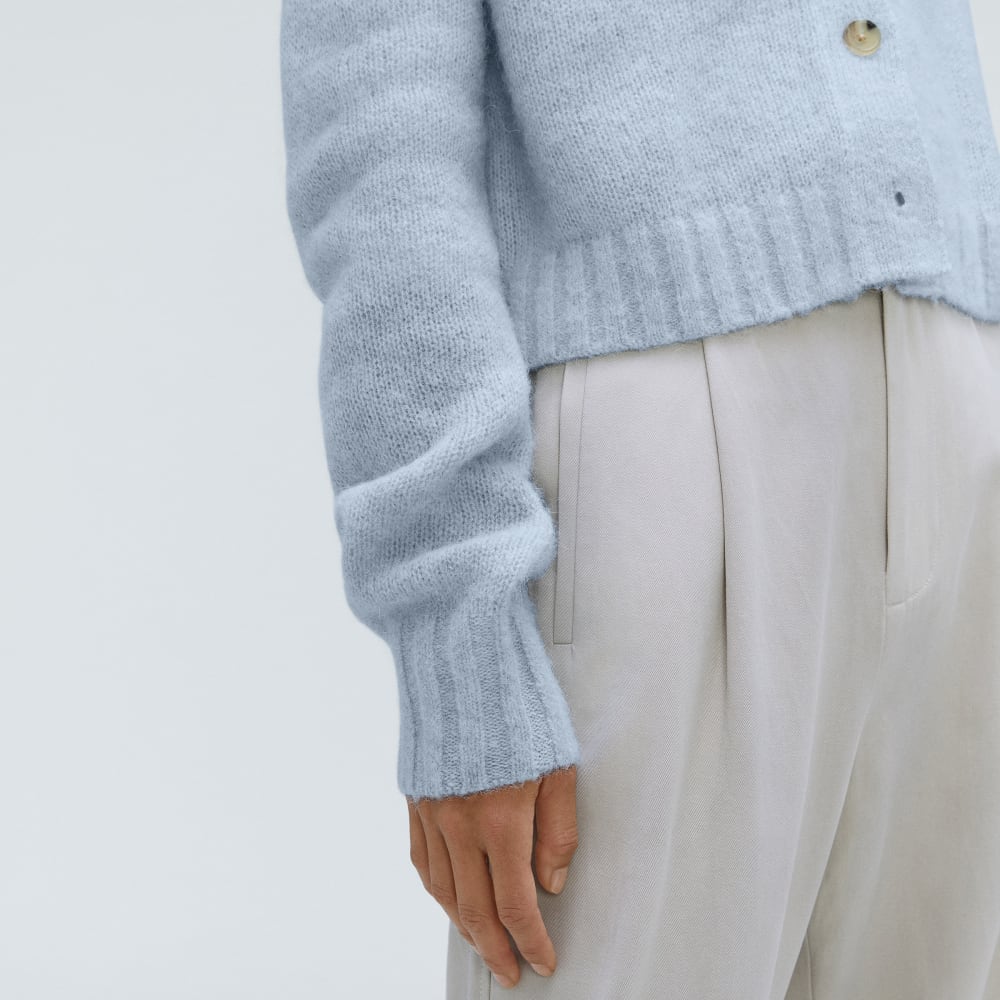 The Alpaca V-Neck Cropped Cardigan in Mist — detail view