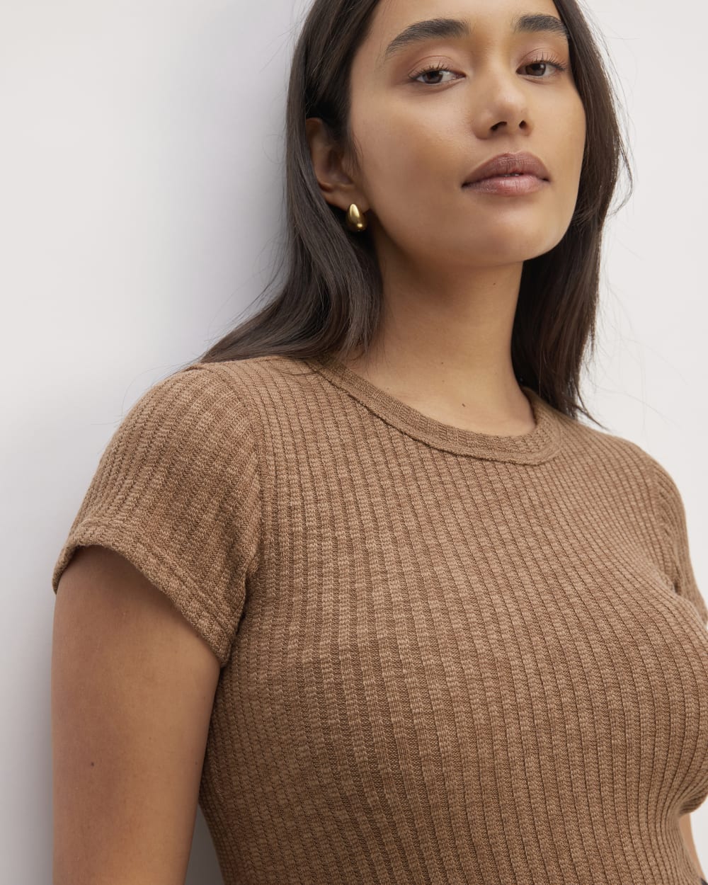 The Cozy Rib Tee in Carob Brown — detail view