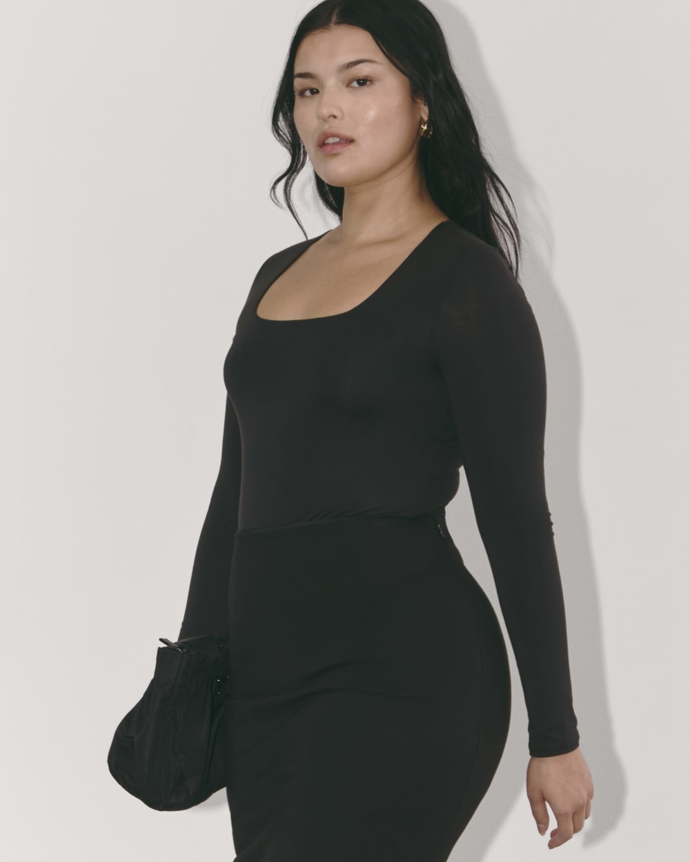 The Long-Sleeve Supima® Square-Neck Bodysuit in Black — detail view