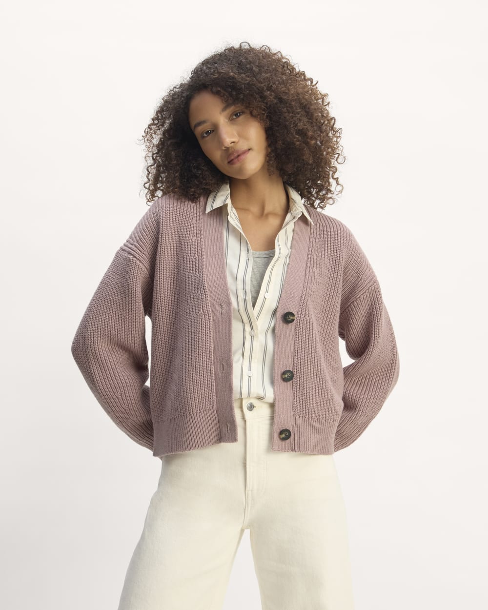 The Boxy Cardigan in Everyday Cotton in Dusty Rose — front view