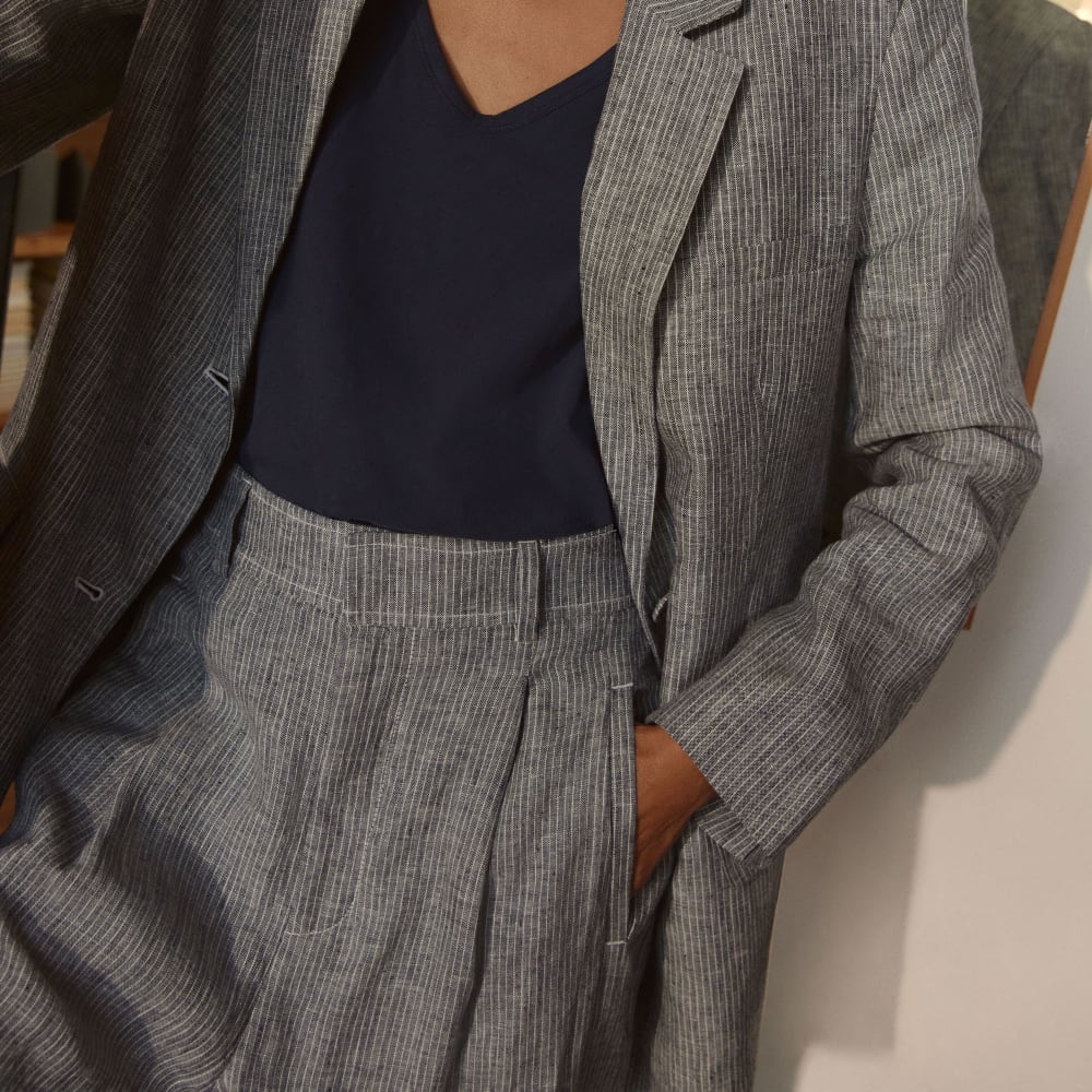 The Linen Way-High® Drape Pant in Canvas Tan / Navy — detail view