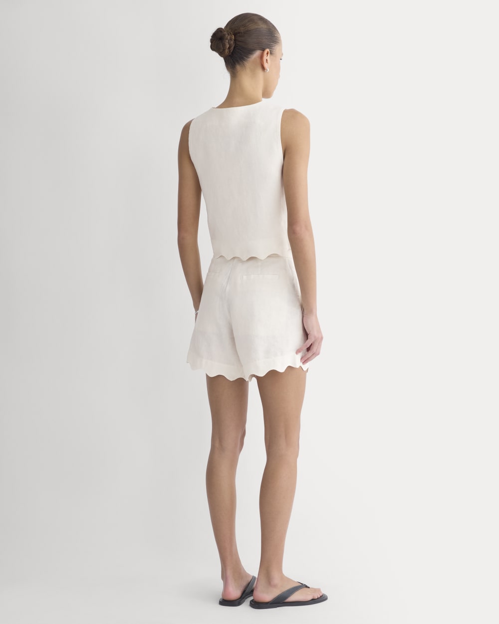Tie-Front Scallop Tank in Linen in Bone — detail view
