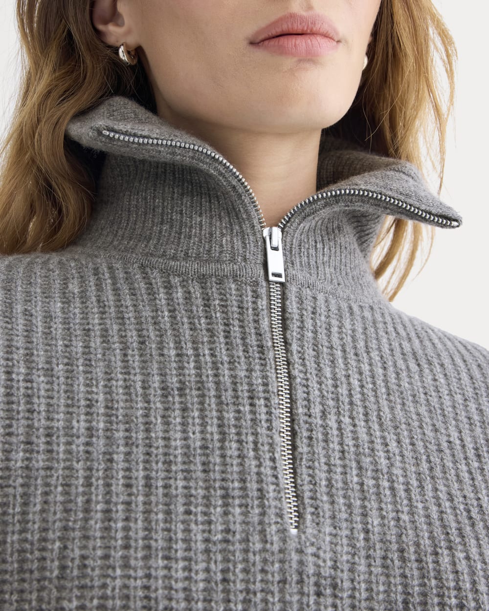 The Half-Zip Sweater in Luxe Merino in Heathered Mid-Grey — detail view