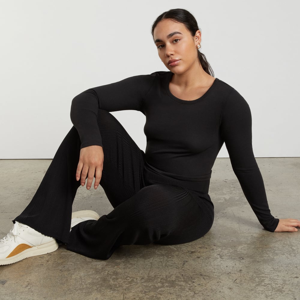 The Pima Micro-Rib Cropped Long-Sleeve Crew in Black — detail view