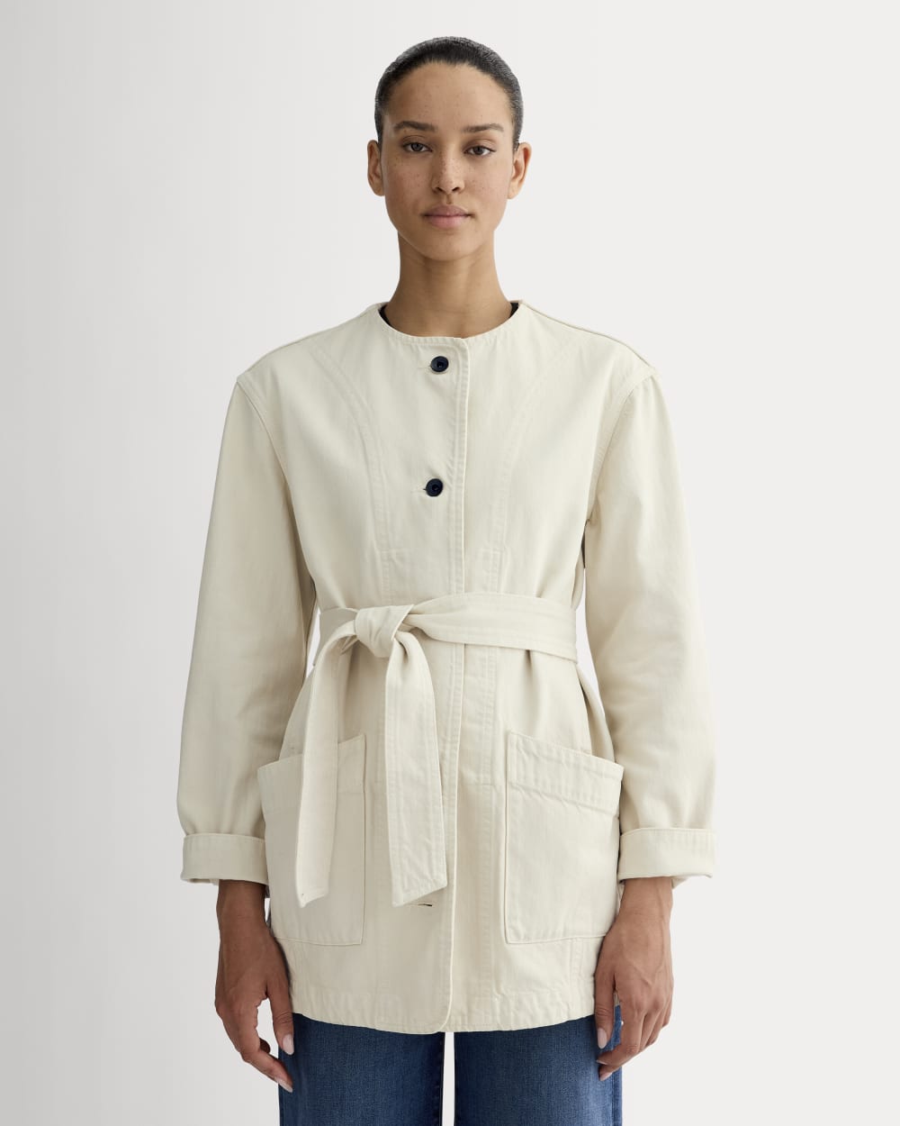 The Long Denim Barrel Jacket in Garment-Dyed Sand — front view