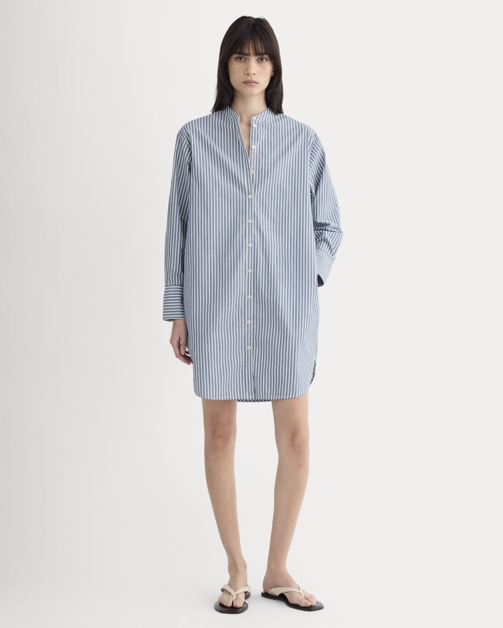 The Relaxed Shirt Dress in Ultrasoft Cotton in Bone / Mazarine Blue — front view