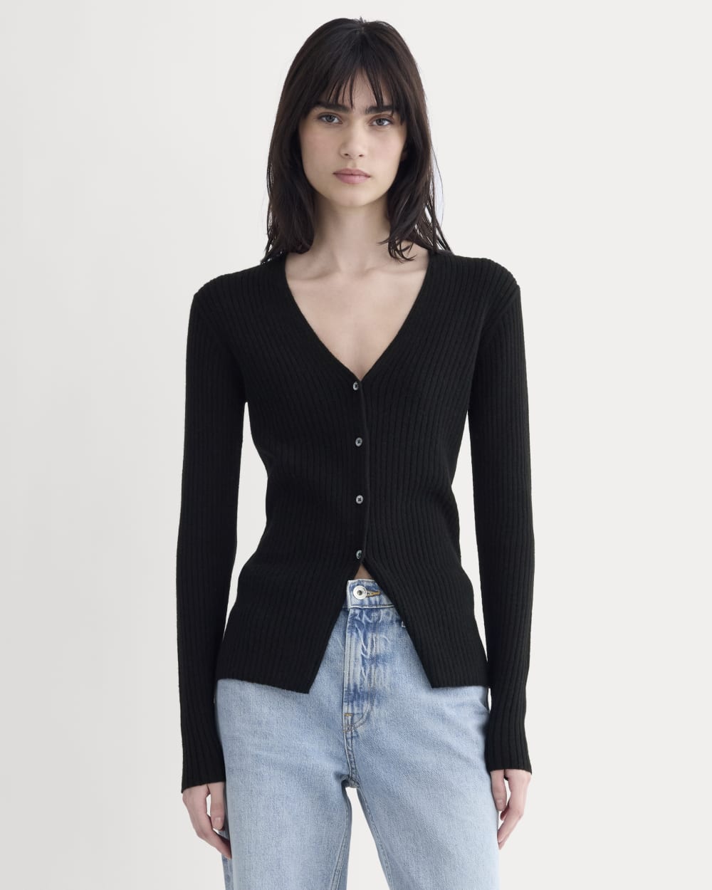 Cashmere Ribbed V-Neck Cardigan in Black — front view
