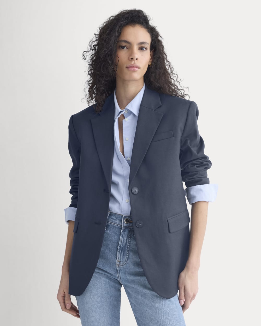 Tailored Drape Blazer in Navy — front view