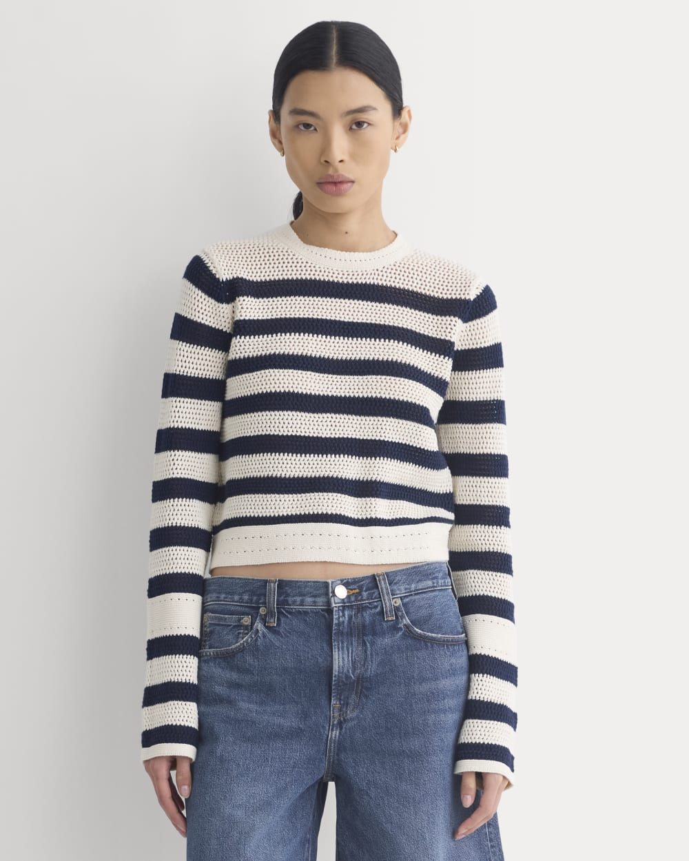 Open Knit Long-Sleeve Crew in Everyday Cotton in Canvas / Navy — front view