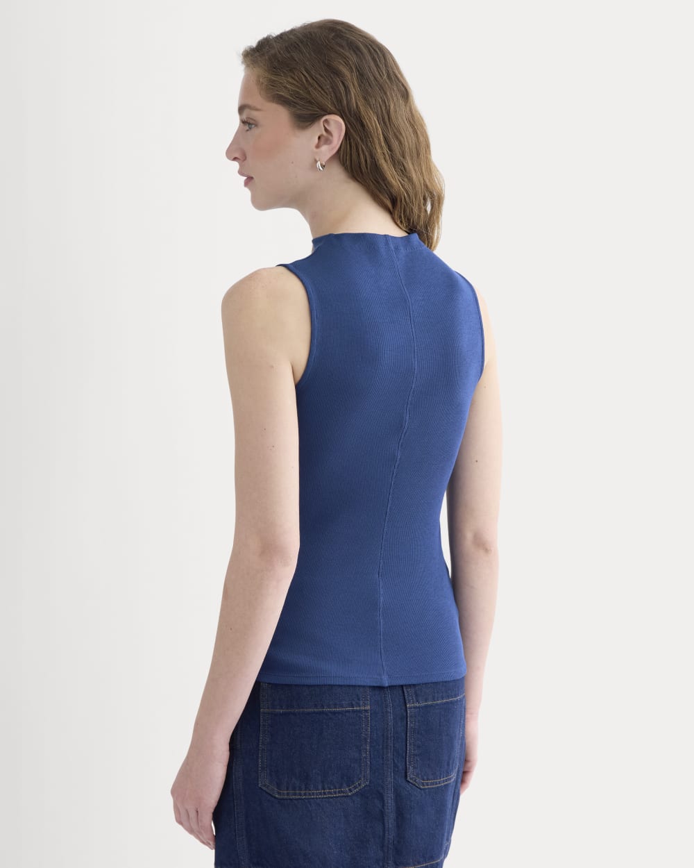 The Luxe Rib Funnel-Neck Tank in Estate Blue — detail view