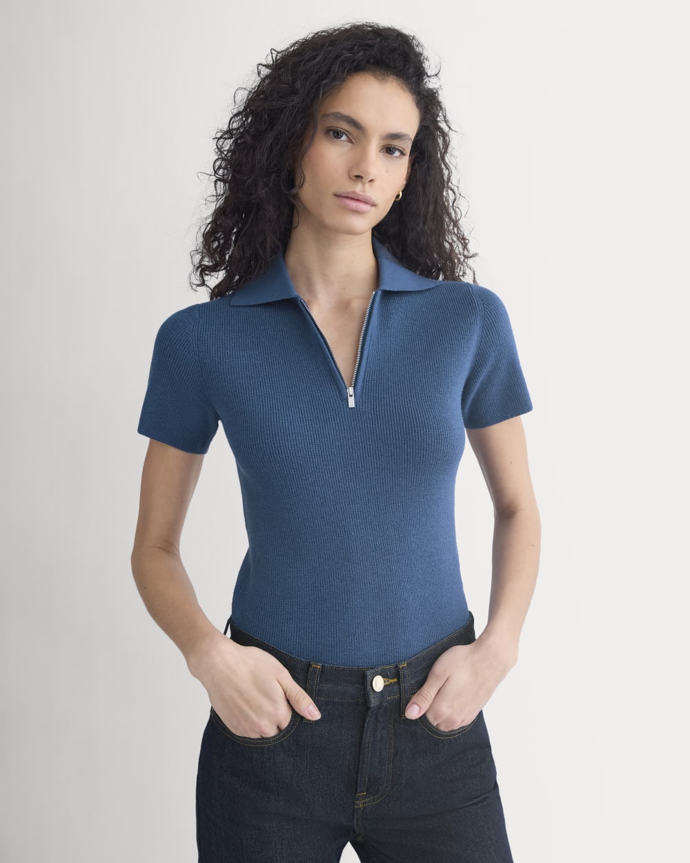 Knit Quarter-Zip Polo in Estate Blue — front view