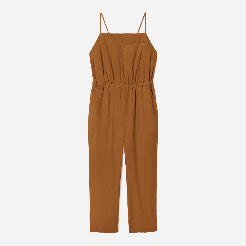 The Linen Shoestring Jumpsuit in Tawny Brown — front view