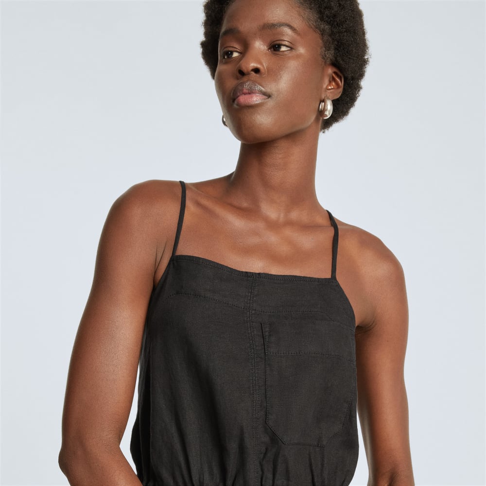 The Linen Shoestring Jumpsuit in Black — detail view