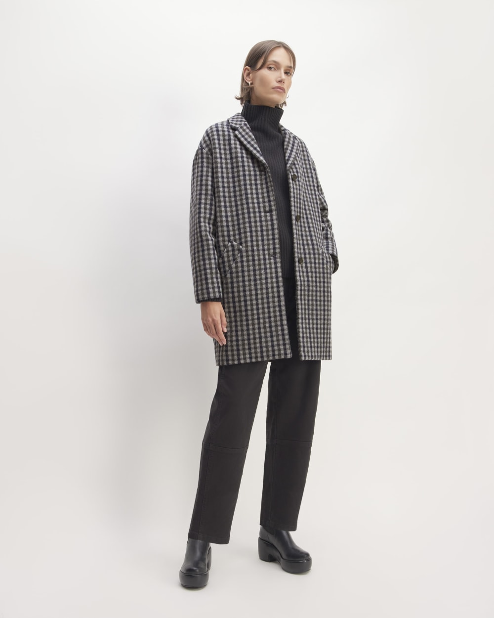 The Italian ReWool® Cocoon Coat in Grey / Charcoal / Navy Check — detail view