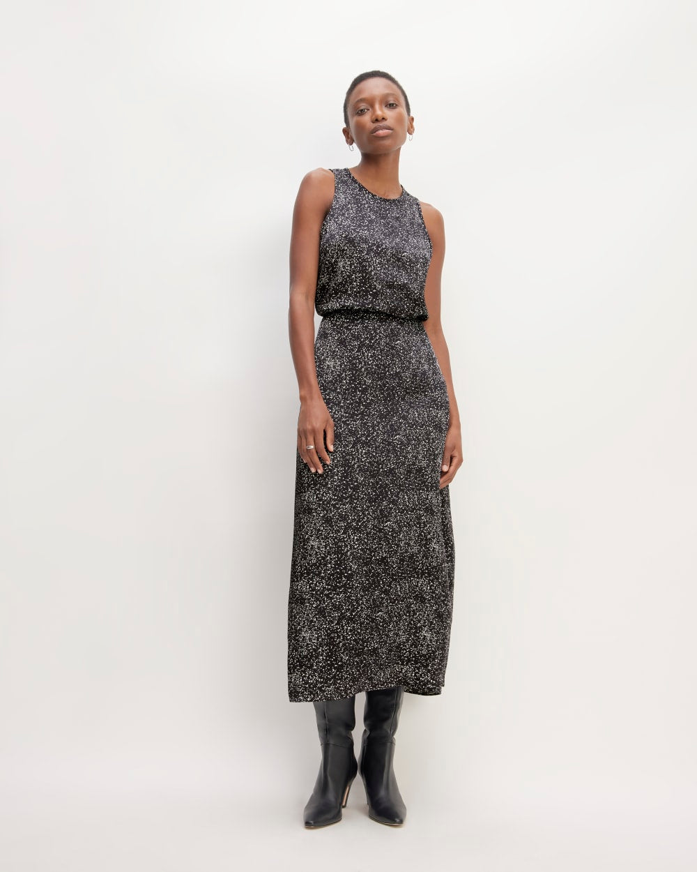 The Hammered Satin Slip Skirt in Black Moonsplatter — front view