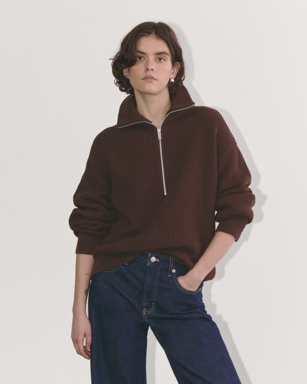 The Half-Zip in Everyday Cotton in Dark Mahogany — front view