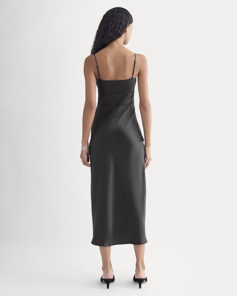 Bias Cut Slip Dress in Silk Charmeuse in Graphite — detail view