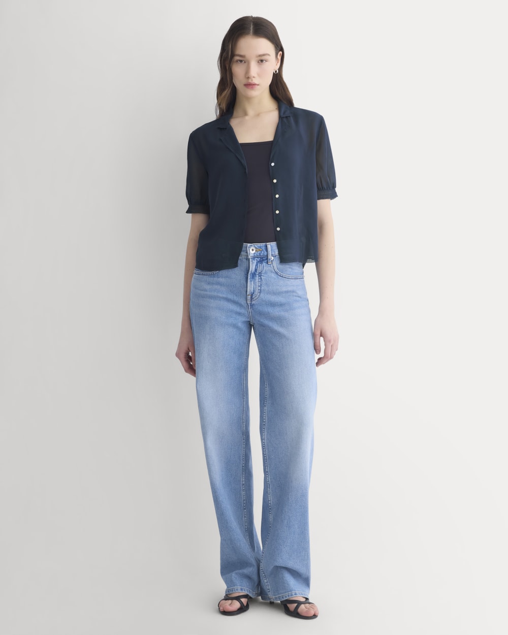 Notch Collar Shirt in Silk Georgette in Navy — detail view