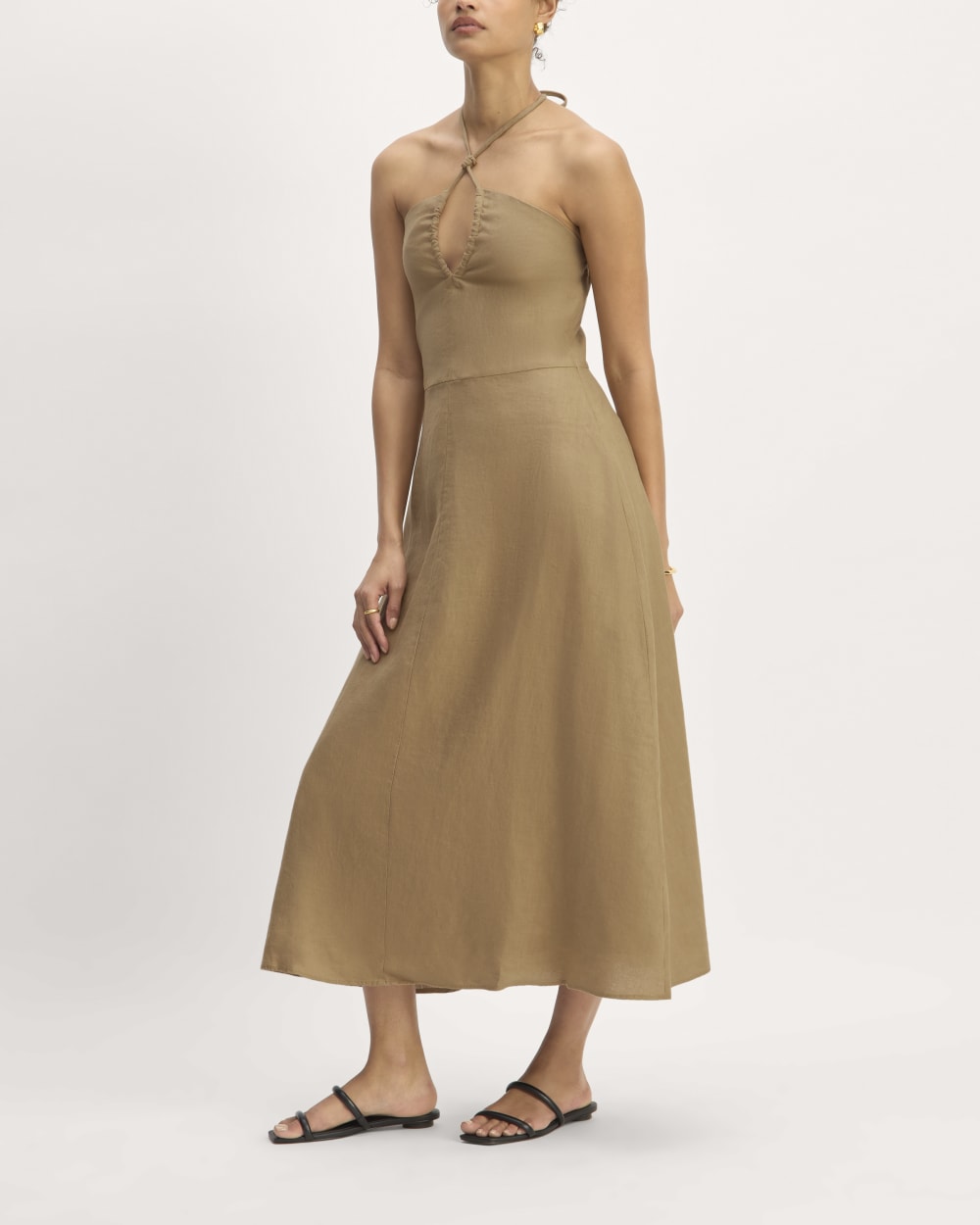 The Linen Halter-Neck Dress in Tiger's Eye — detail view
