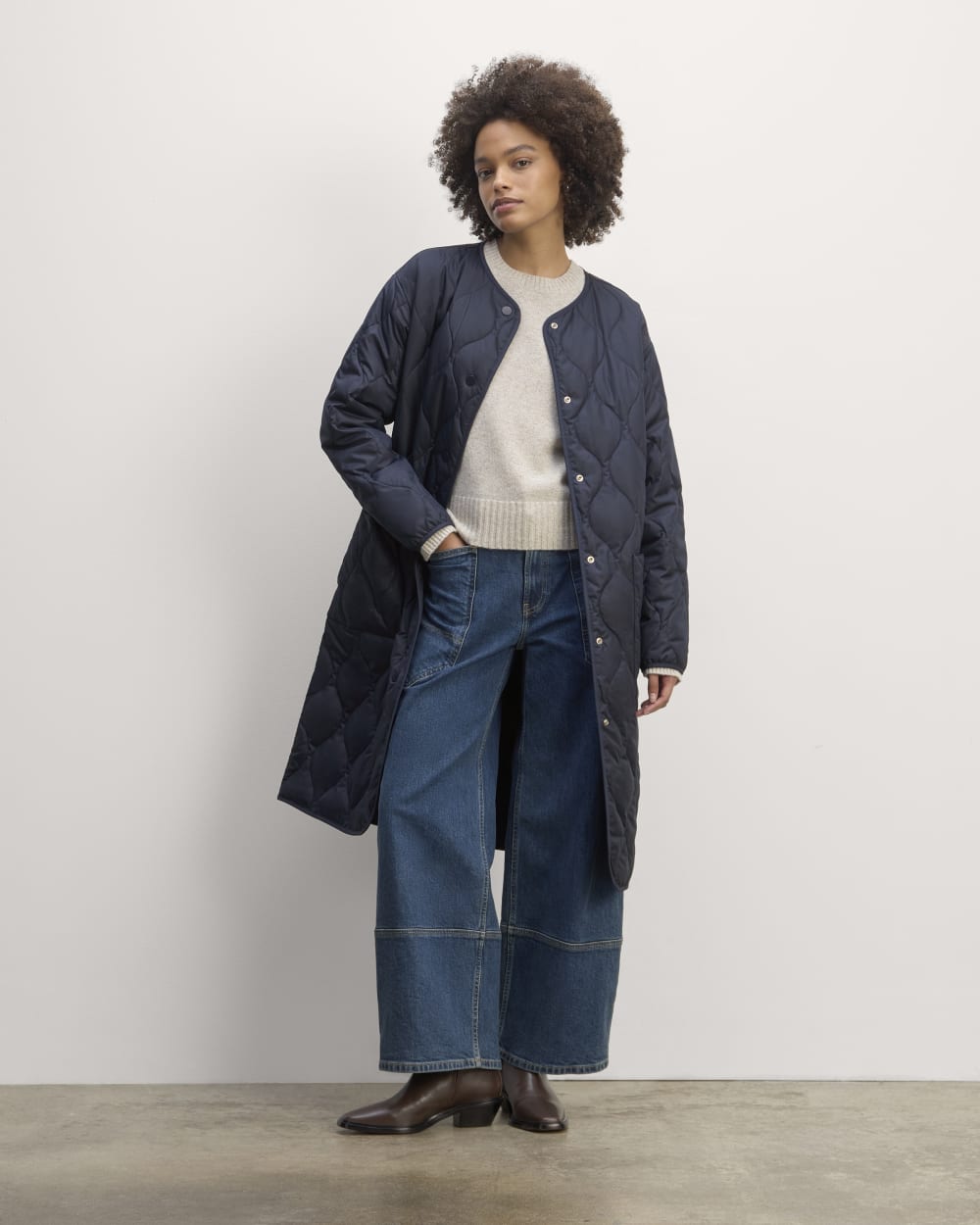 The Long Quilted Liner in Navy — detail view