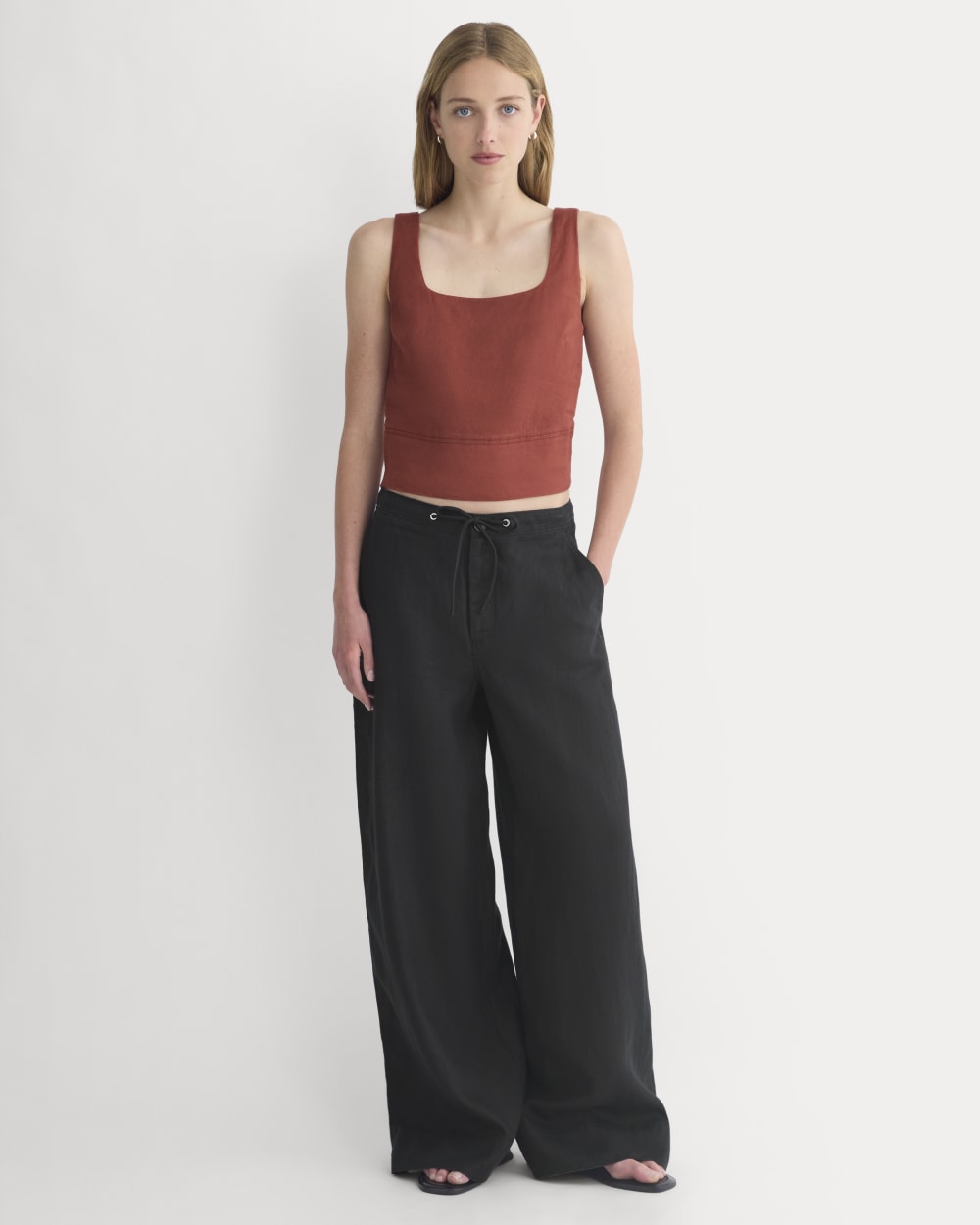 Square Tank in Stretch Linen in Henna Red — detail view
