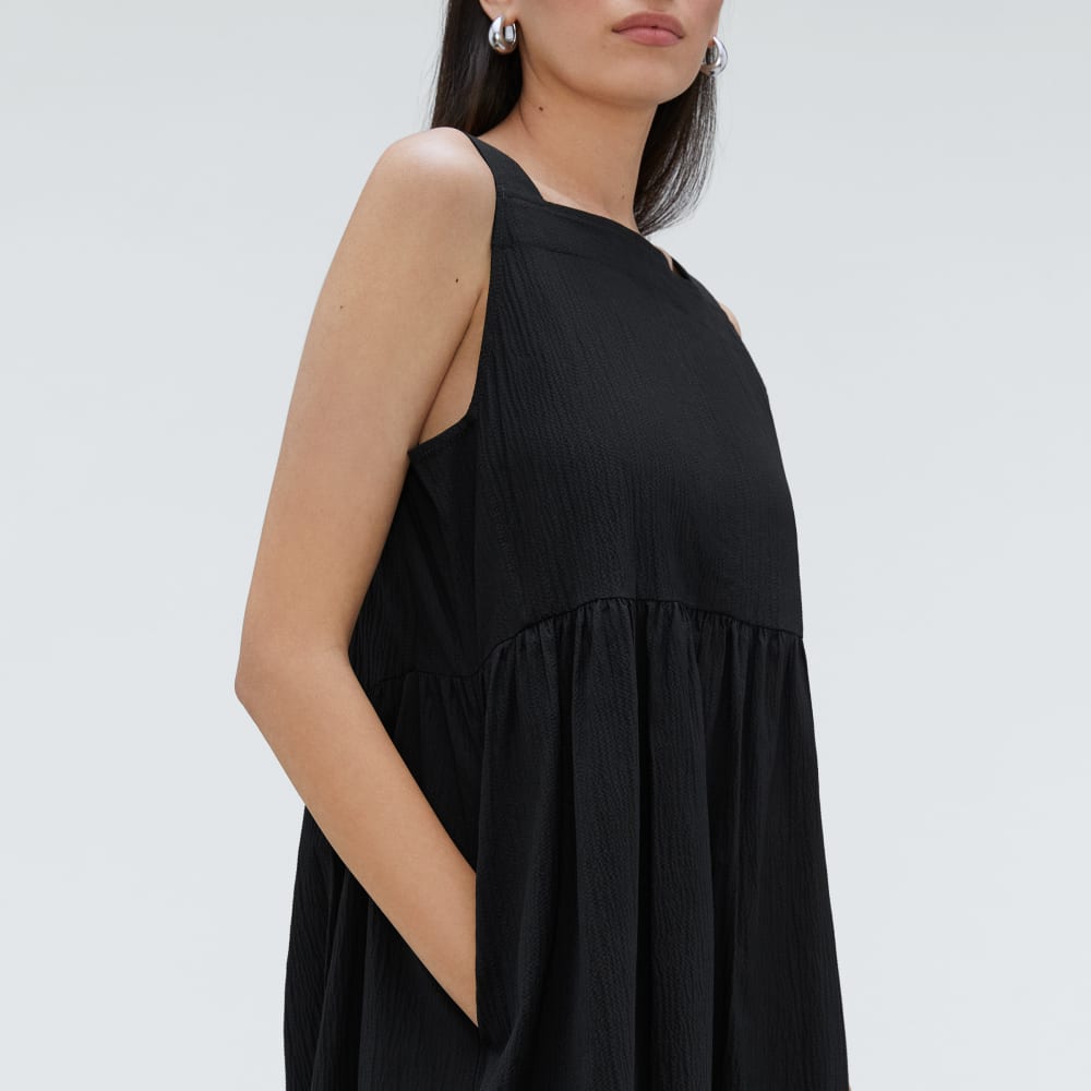 The Seersucker Midi Dress in Black — detail view