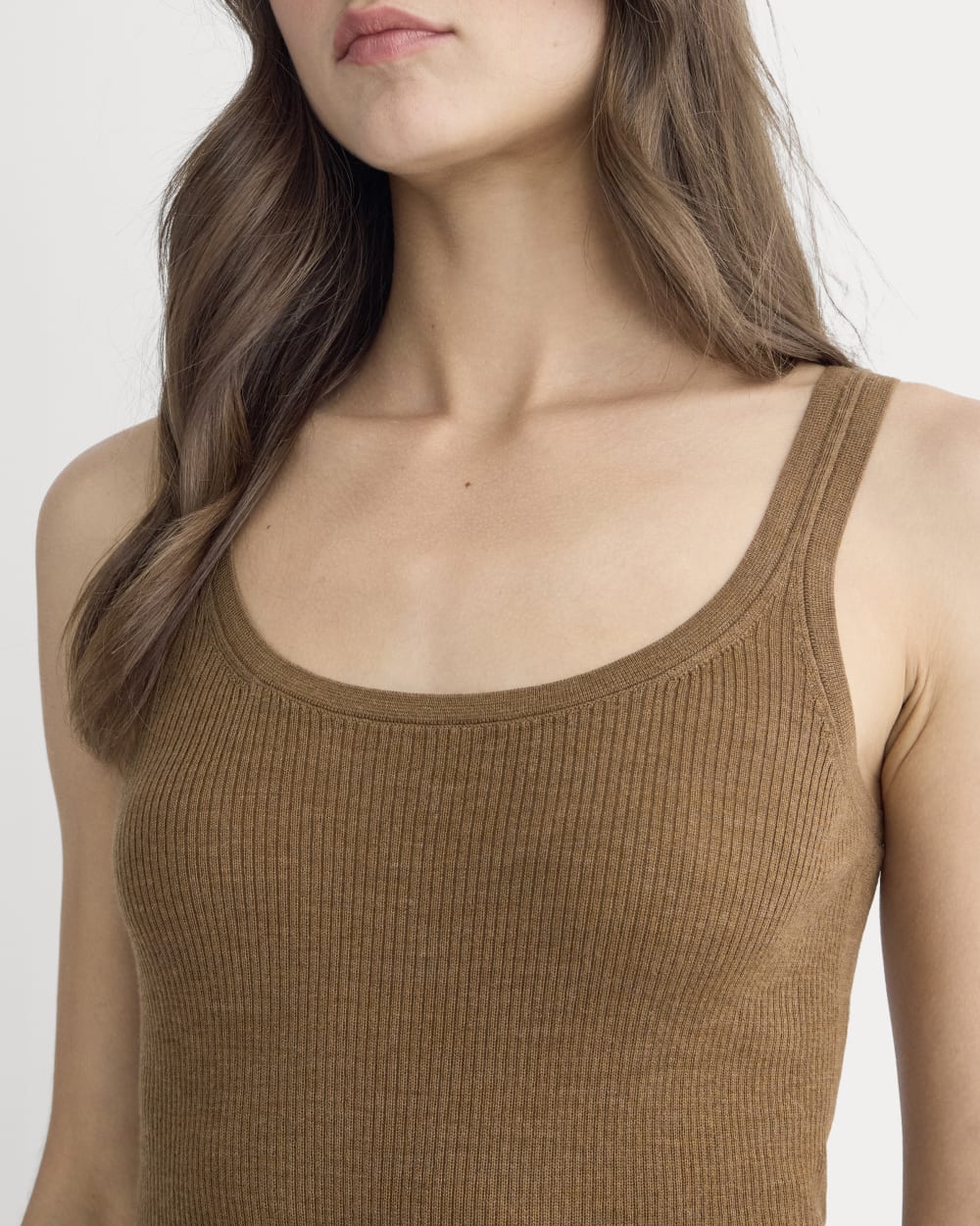 The Light Ribbed Cami in Ultrasoft Merino in Heathered Toffee — detail view