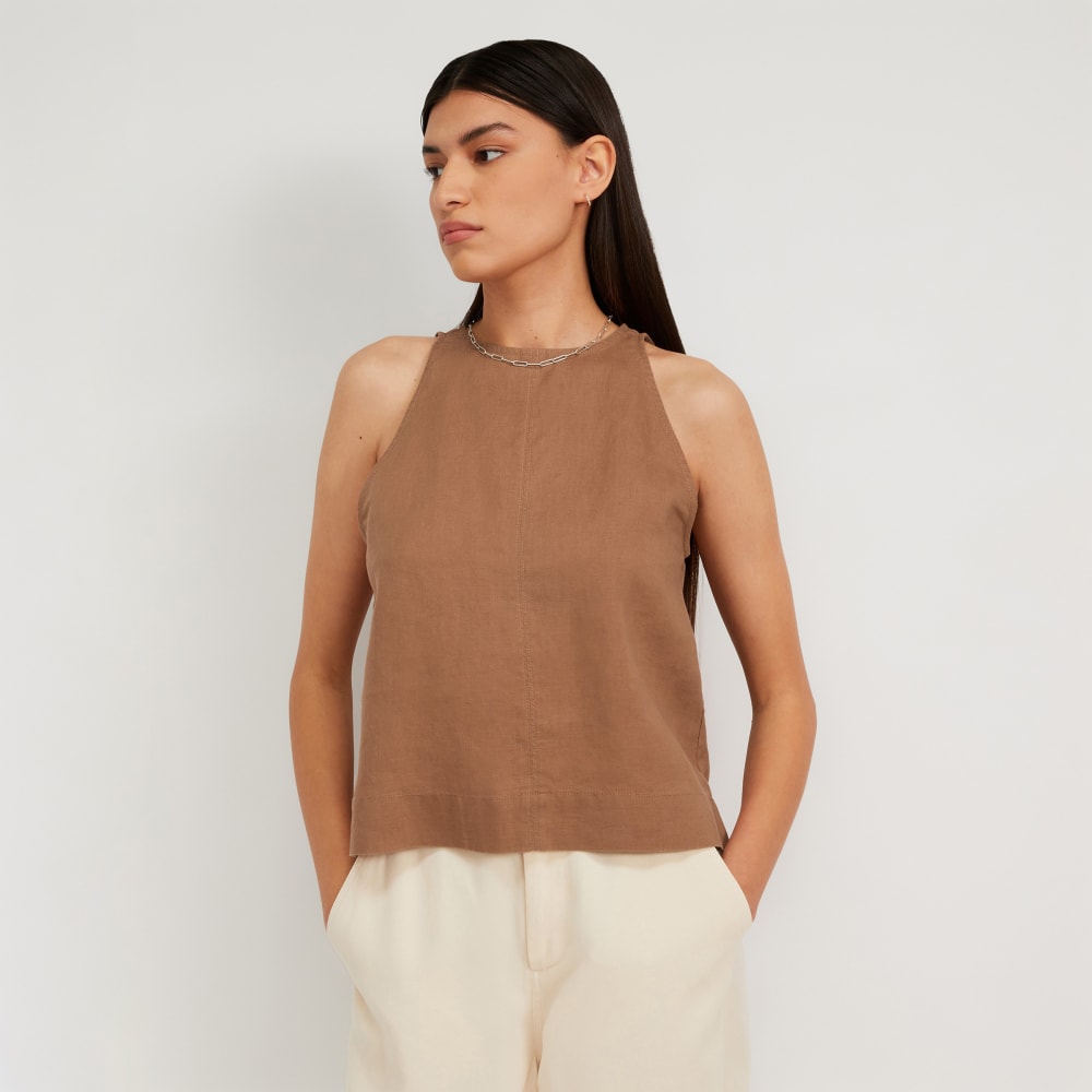 The Linen High-Neck Tank in Carob Brown — front view