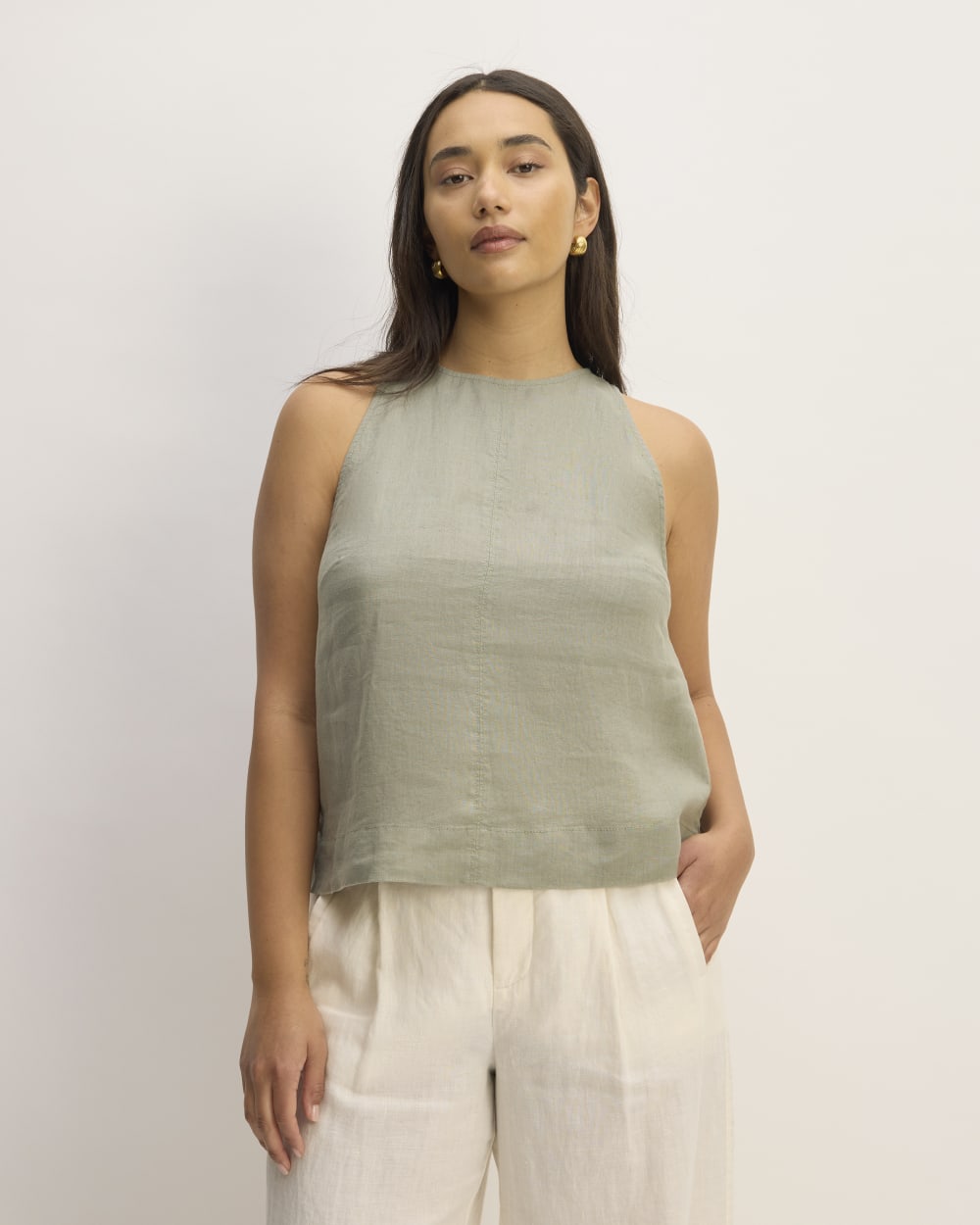 The Linen High-Neck Tank in Sage Green — front view