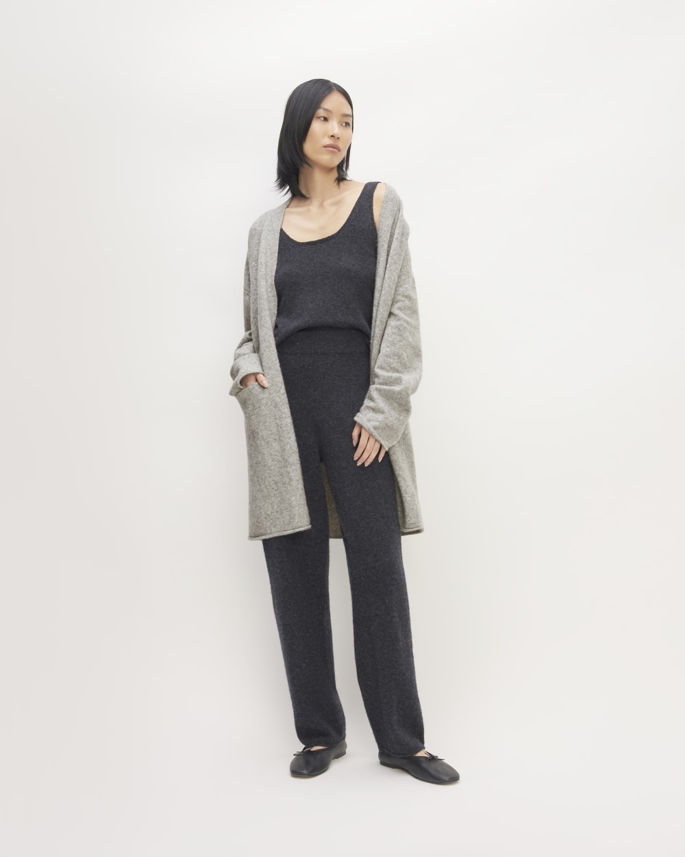 The Cozy-Stretch Long Cardigan in Heathered Grey — detail view