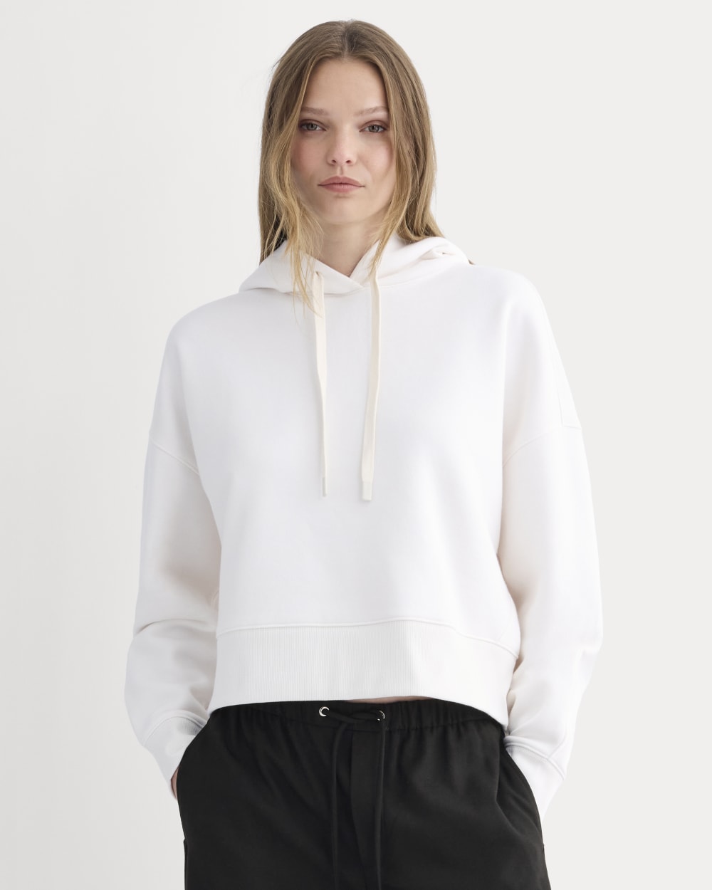 Cropped Luxe Fleece Hoodie in Bone — front view