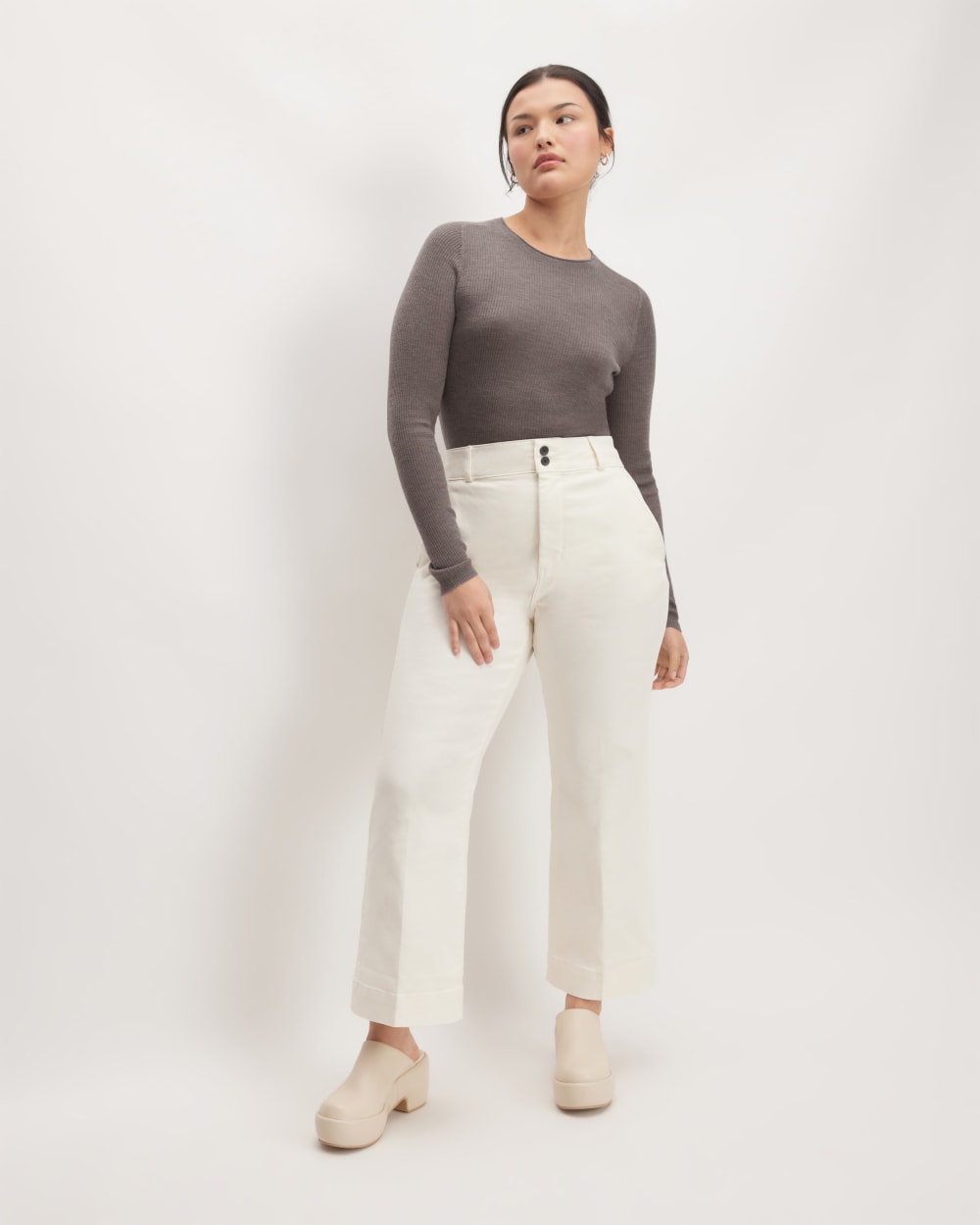 The Long-Sleeve Sweater Tee in Ultrasoft Merino in Heather Cocoa — detail view