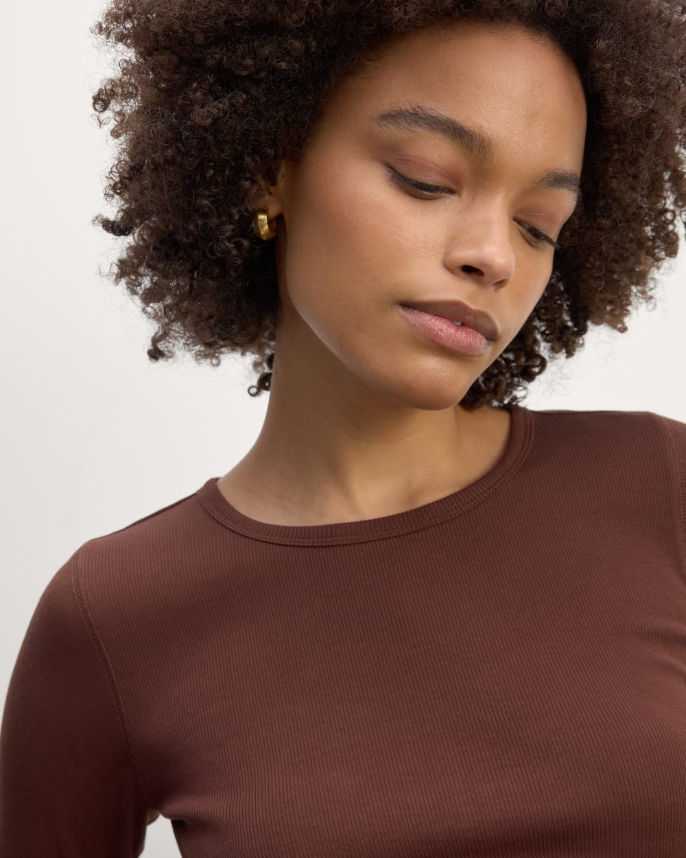 The Luxe Rib Long-Sleeve Crew in Dark Mahogany — detail view