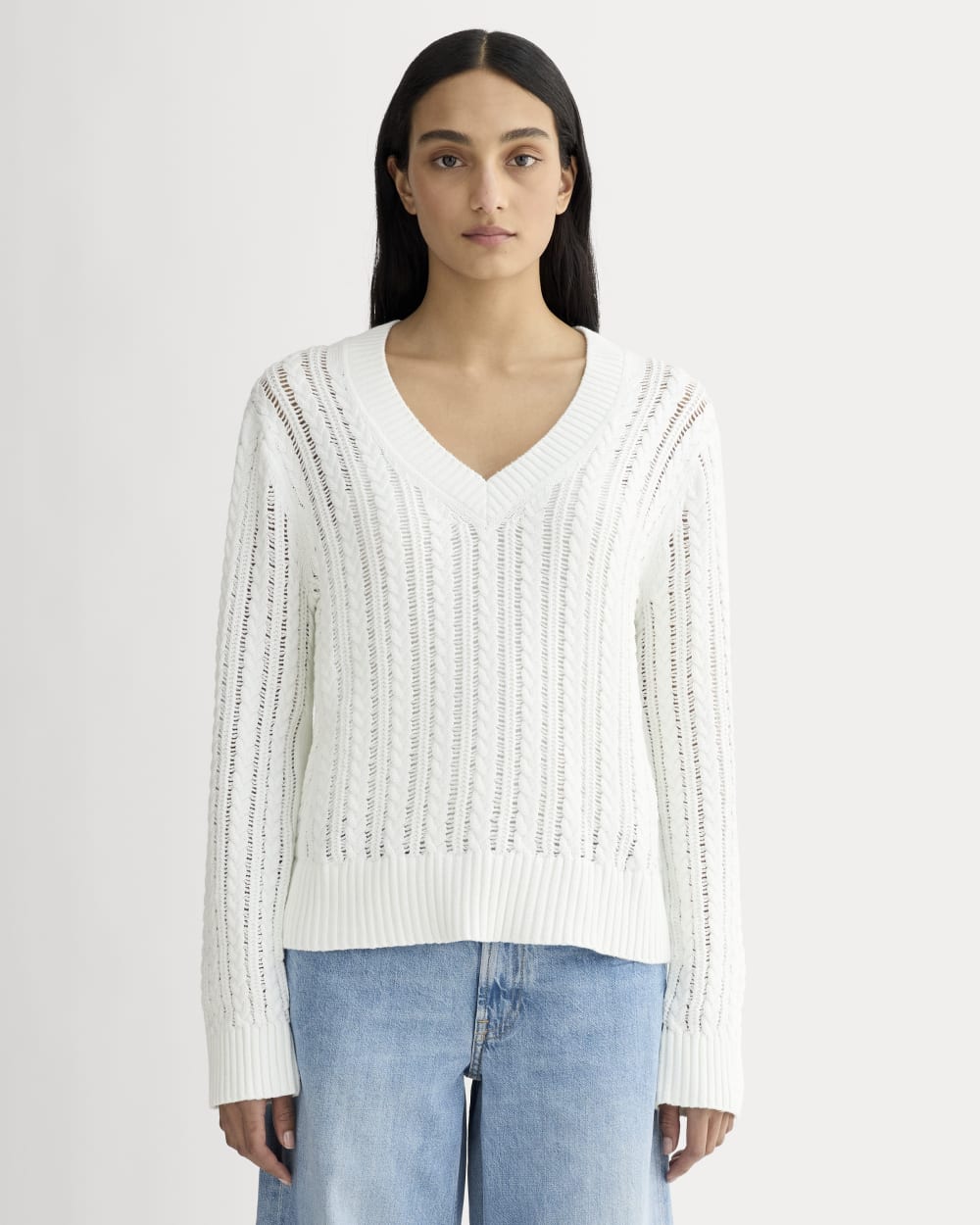 The Mesh Cable V-Neck in Everyday Cotton in White — front view