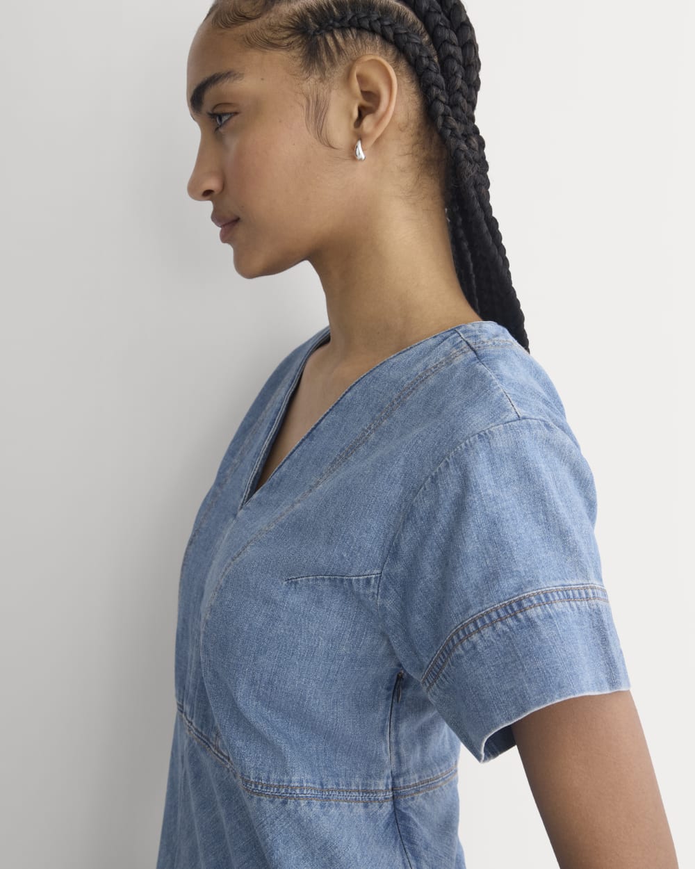 Denim Short-Sleeve Dress in Light Indigo — detail view