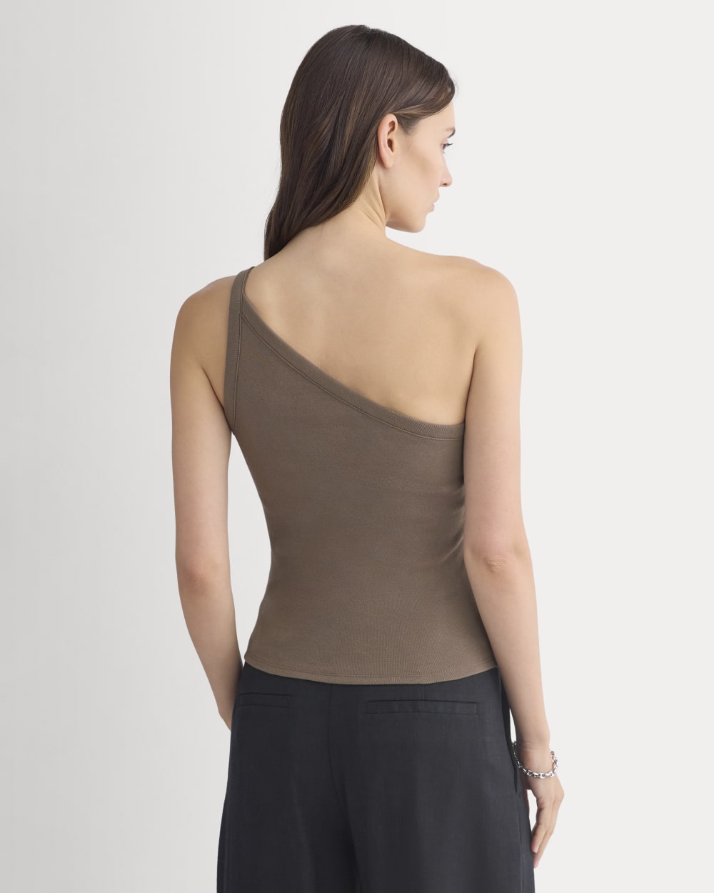 RetroSoft Cotton One-Shoulder Tank in Deep Taupe — detail view