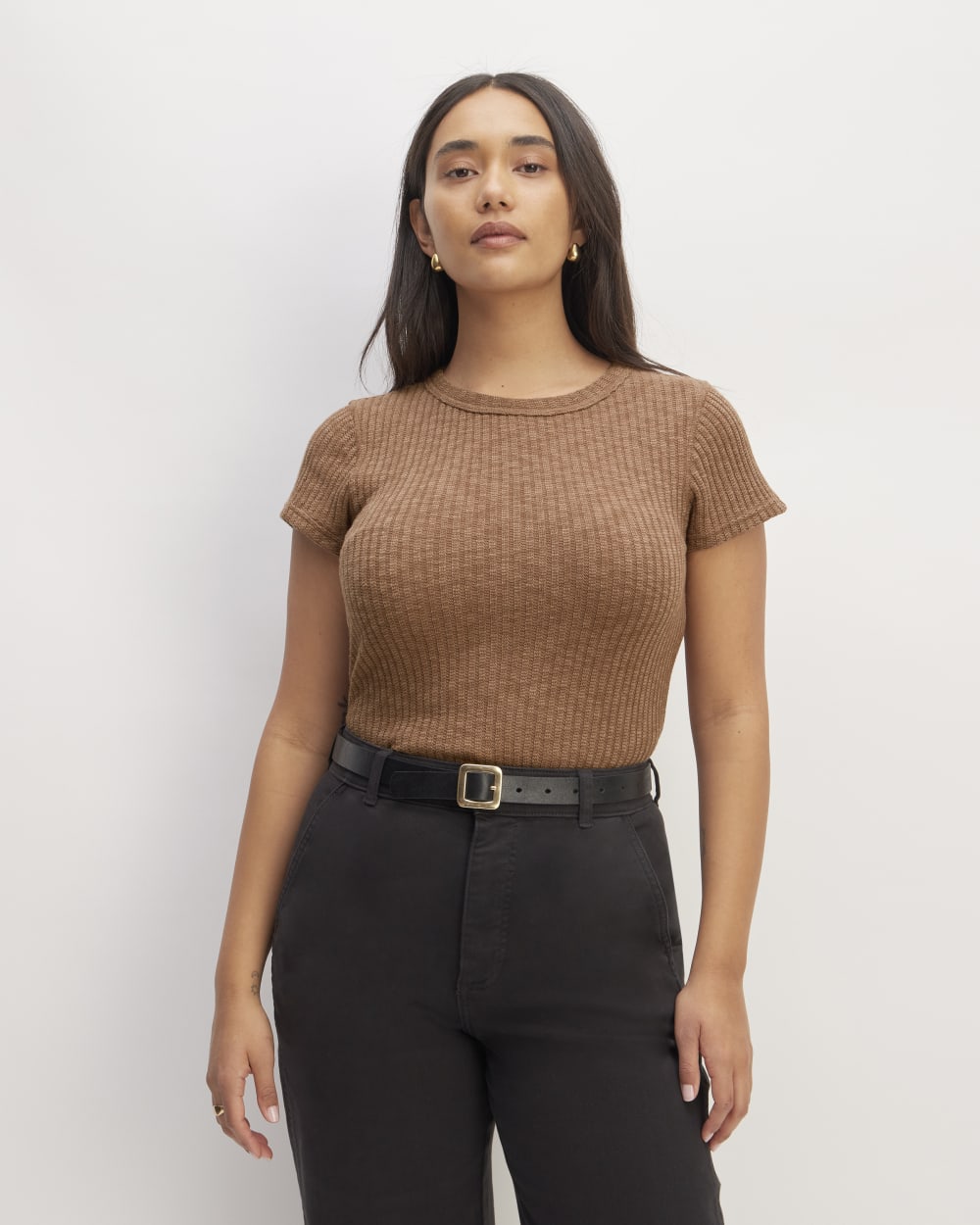 The Cozy Rib Tee in Carob Brown — front view