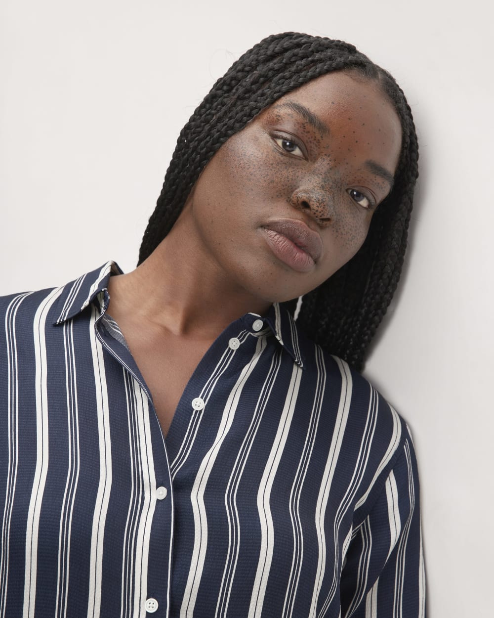 The Satin Relaxed Shirt in Navy / Bone — detail view