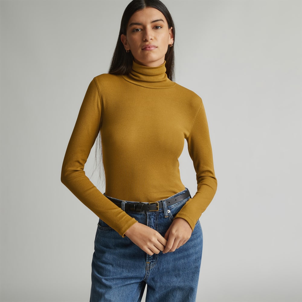 The Luxe Micro-Rib Turtleneck in Tapenade — front view